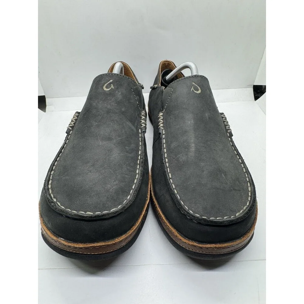 OLUKAI Moloa Leather Nubuck Mens Size 10.5 Black Slip On Shoes 10128 4033
